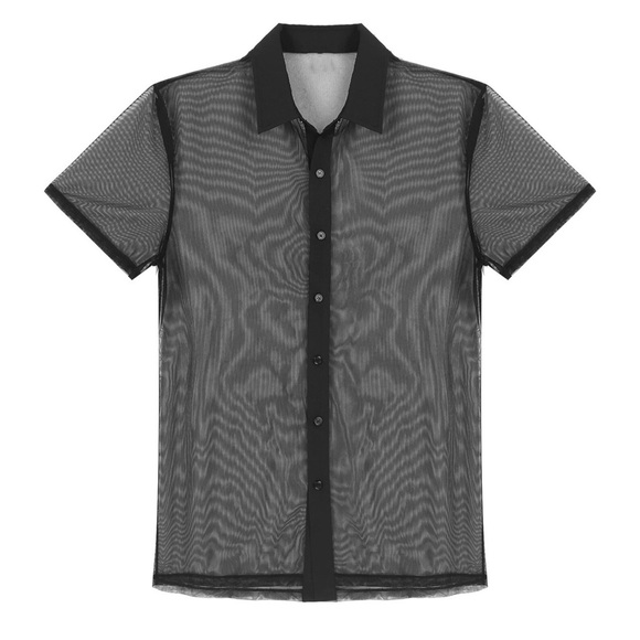 Mens See Through Mesh Shirt Short Sleeve Turn-Down Collar Button Sheer Top - Picture 6 of 7